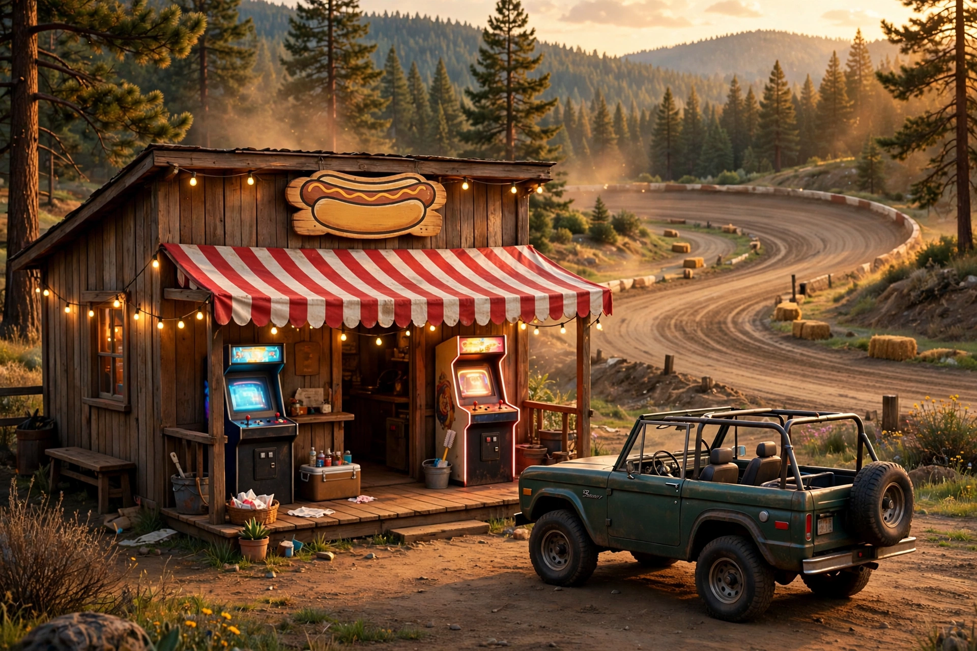 Dawgs hot dog shack at golden hour, the Backwoods Games cabinet on the porch and Buck's green Bronco out front
